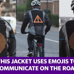 This jacket can display an emoji to communicate with road users