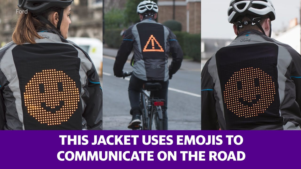 This jacket can display an emoji to communicate with road users